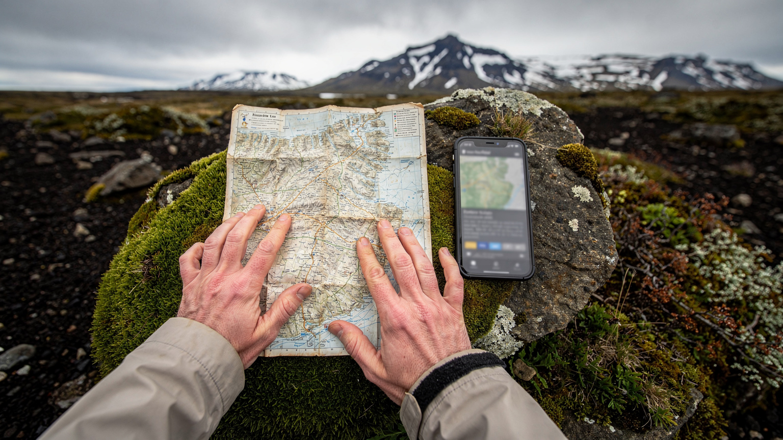 En turgåer studerer et fysisk, laminert kart over Islands høyland, med en smarttelefon ved siden av som viser et digitalt kart.