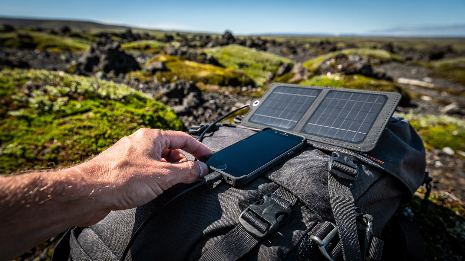 En turgåer i Islands villmark kobler et lite, bærbart solcellepanel til sin smarttelefon som har eSIM aktivert, med ryggsekken liggende på mosegrodd terreng.
