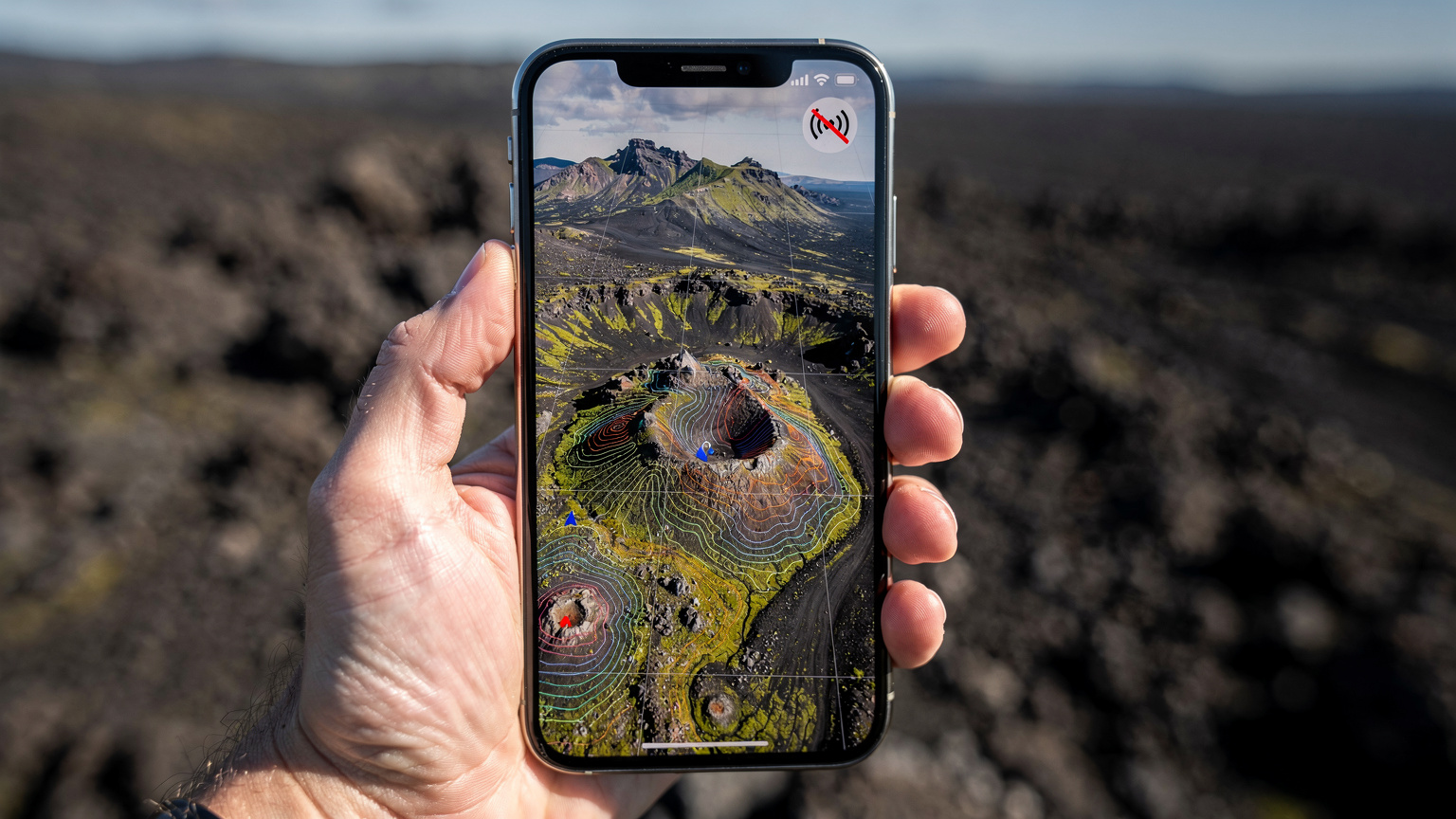 En hånd holder en smarttelefon som viser en rute over Islands vulkanske landskap med et varsel om manglende nettverksdekning.