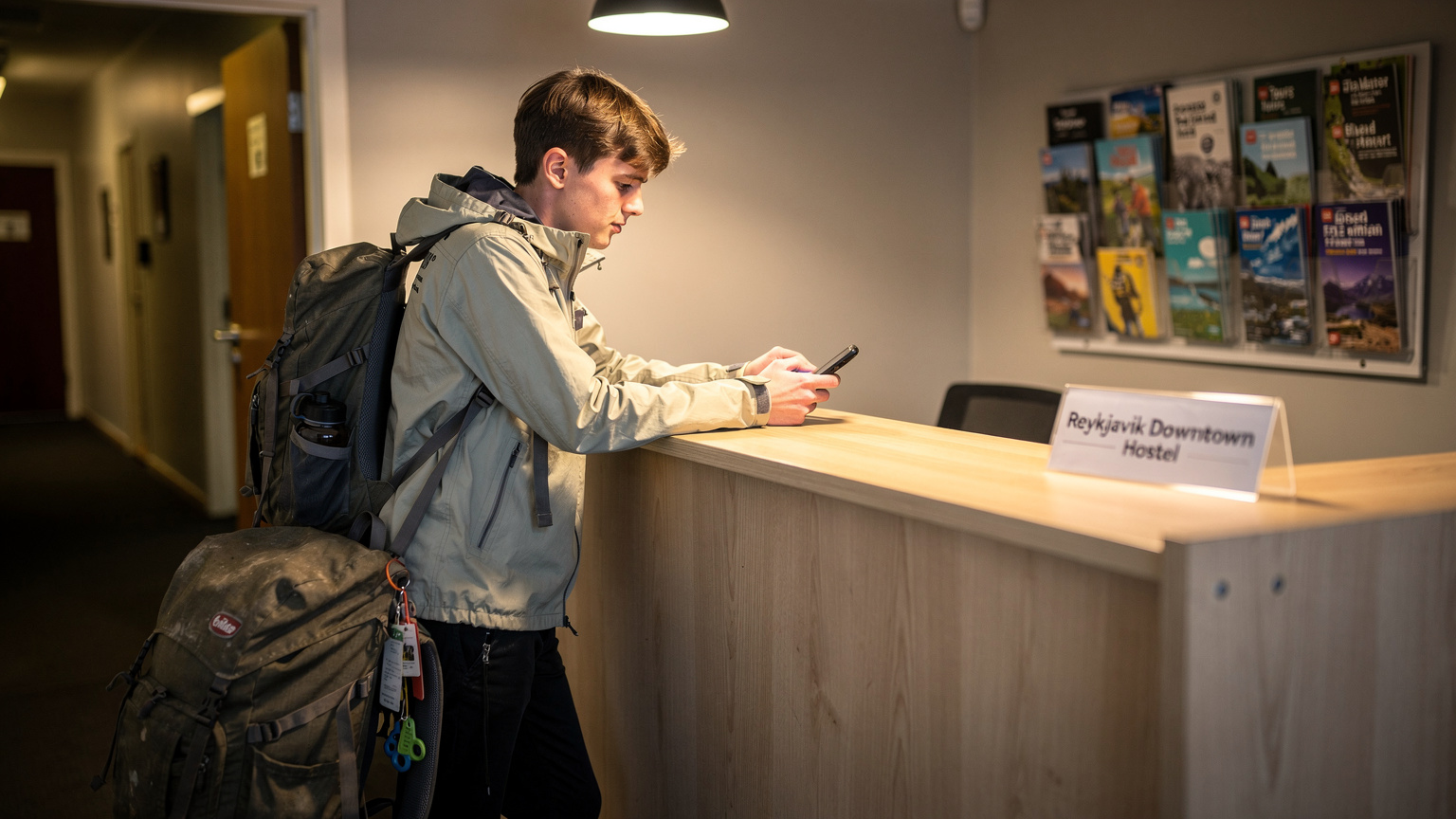 En travel backpacker sjekker telefonen sin ved en enkel hostelresepsjon i Reykjavík, med en stor ryggsekk og et kart ved siden av.