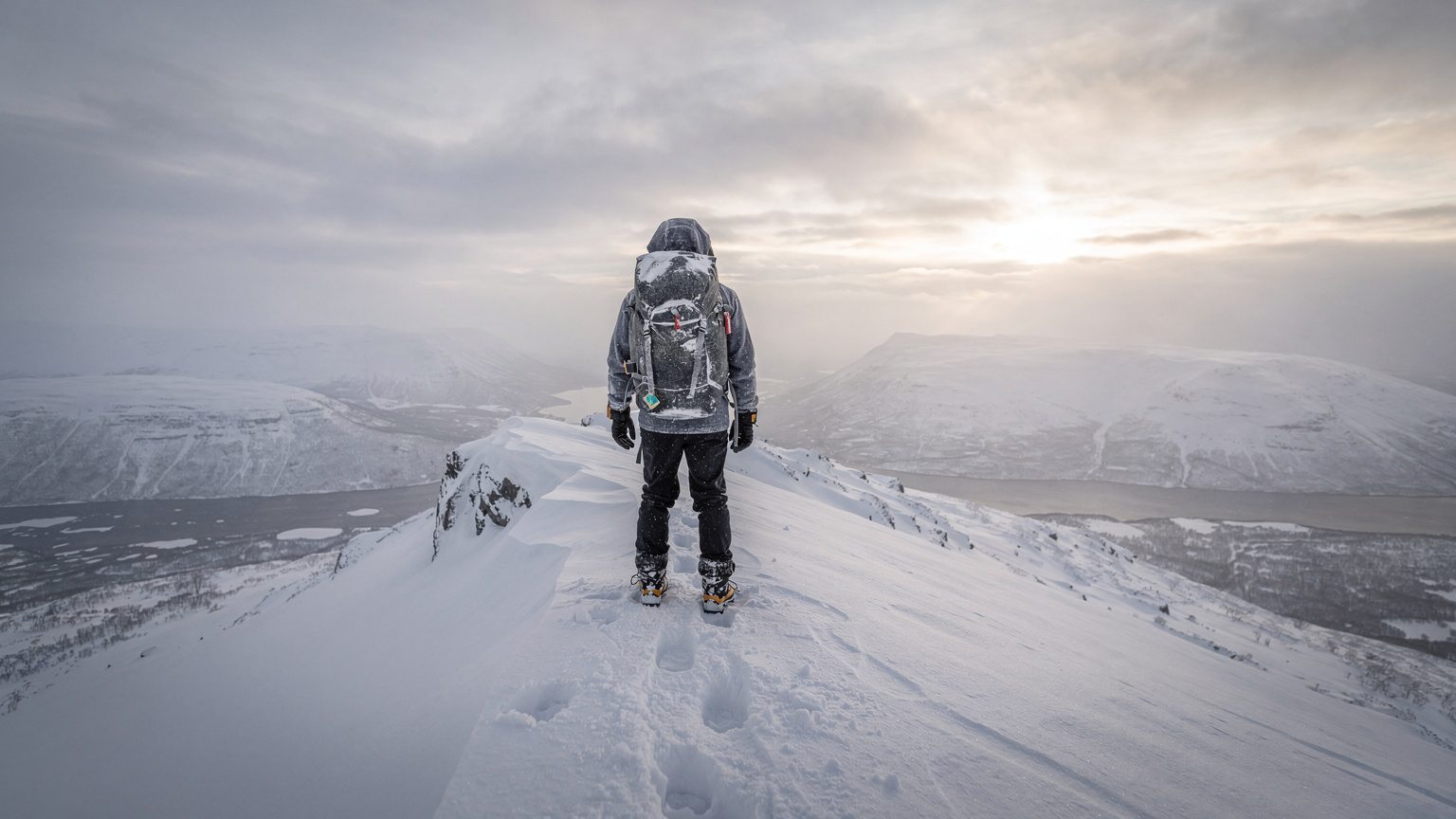 En ensam figur i termokläder står på en snötäckt fjälltopp i Lappland under en matt blå himmel med kvarvarande moln från en snöstorm.