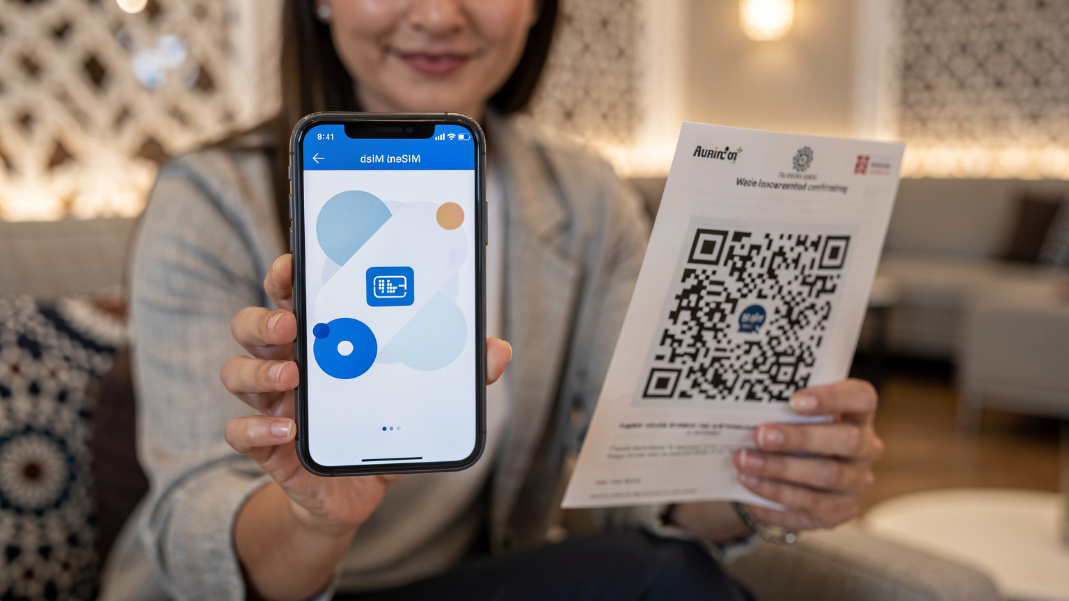En reisende holder en smarttelefon med et eSIM-installasjonsskjermbilde synlig, og skanner en QR-kode fra en utskrevet bekreftelse, med en hotellresepsjon eller en flyplasslounge i bakgrunnen.