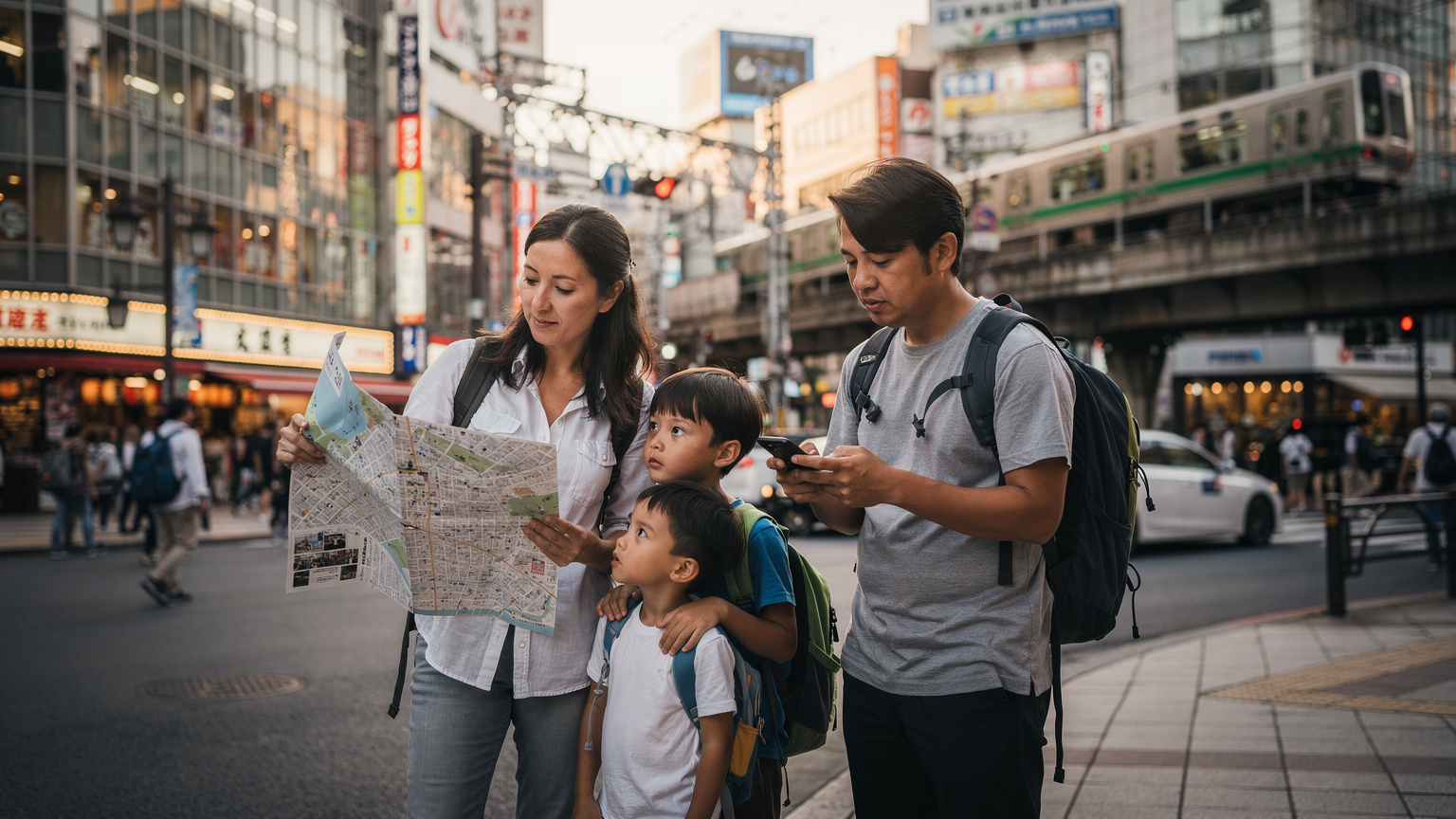 Une famille de nomades digitaux regardant une carte et un téléphone dans les rues animées de Tokyo, recherchant le chemin vers un temple local.