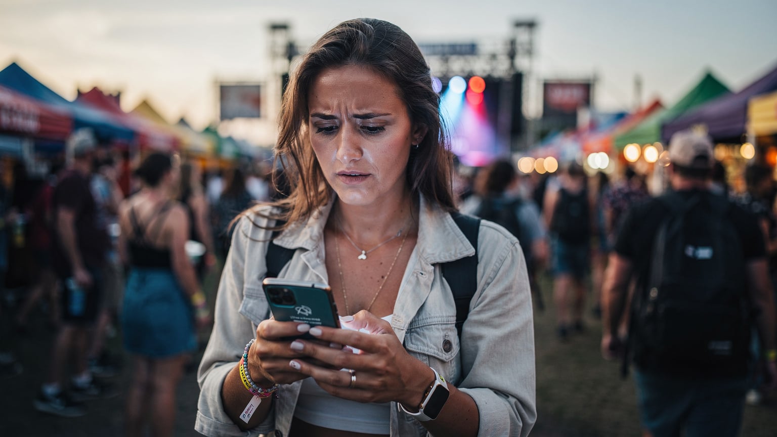 Une femme l'air préoccupé, regardant son téléphone qui affiche un message d'erreur de réseau, dans une zone bondée d'un festival, avec des tentes colorées en arrière-plan et des lumières de scène lointaines.