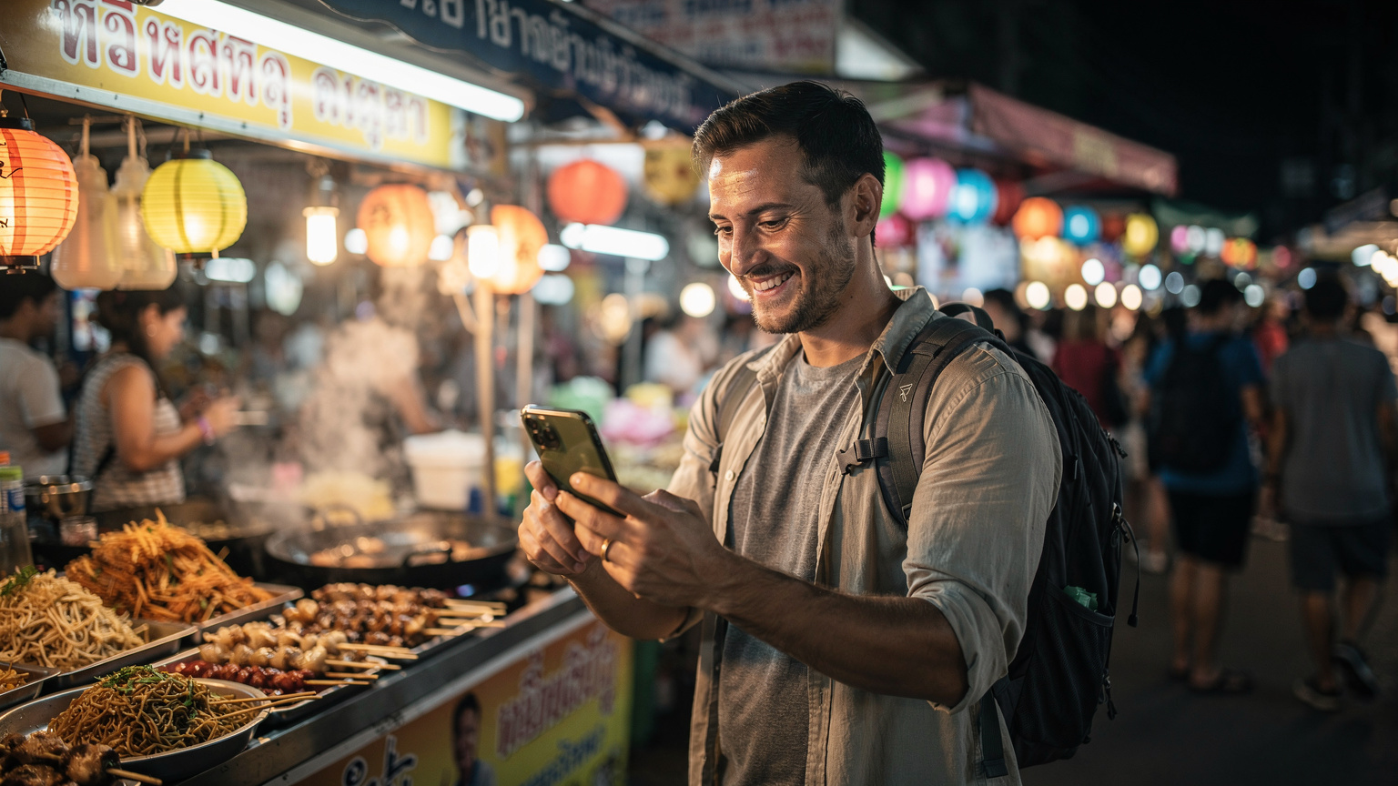 Un viaggiatore sorridente in piedi davanti a un chiosco di street food vibrante in un mercato notturno asiatico, mentre effettua una videochiamata con il suo smartphone, mostrando la vivacità del luogo allo schermo.