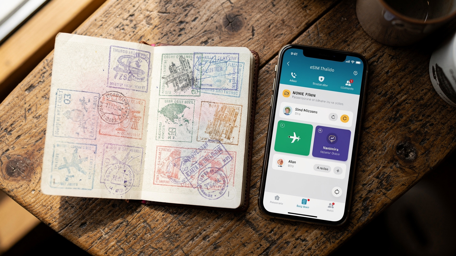 Un primo piano di un passaporto italiano aperto su una pagina con visti multipli, affiancato da uno smartphone che mostra un'app di viaggio con un piano eSIM attivo, su una superficie di legno.