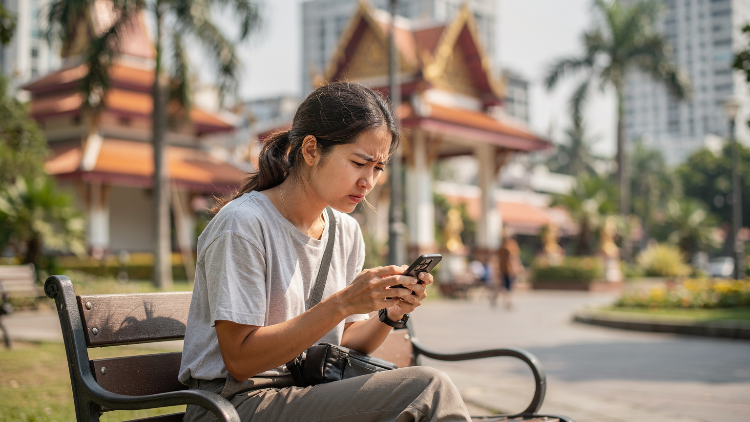 Un viaggiatore (donna) siede su una panchina in un parco pubblico, con uno sguardo frustrato mentre cerca di risolvere un problema di connessione sul suo smartphone, con l'architettura distintiva di un paese del Sud-Est Asiatico sullo sfondo.