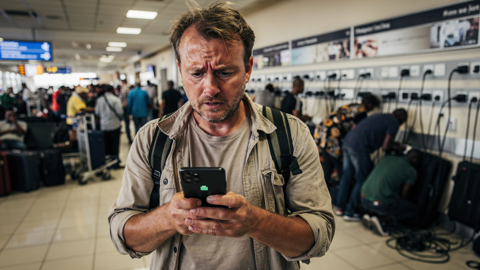Un voyageur au visage préoccupé, les yeux fixés sur son téléphone à batterie faible, dans un aéroport africain animé, avec des prises de courant bondées et inaccessibles en arrière-plan.
