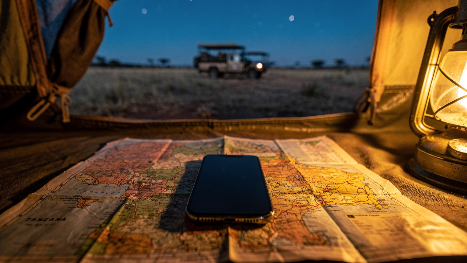 Un téléphone portable posé sur une carte froissée de la Tanzanie, dans un camp de tentes safari au crépuscule, avec une jeep garée à l'arrière-plan sous un ciel étoilé.