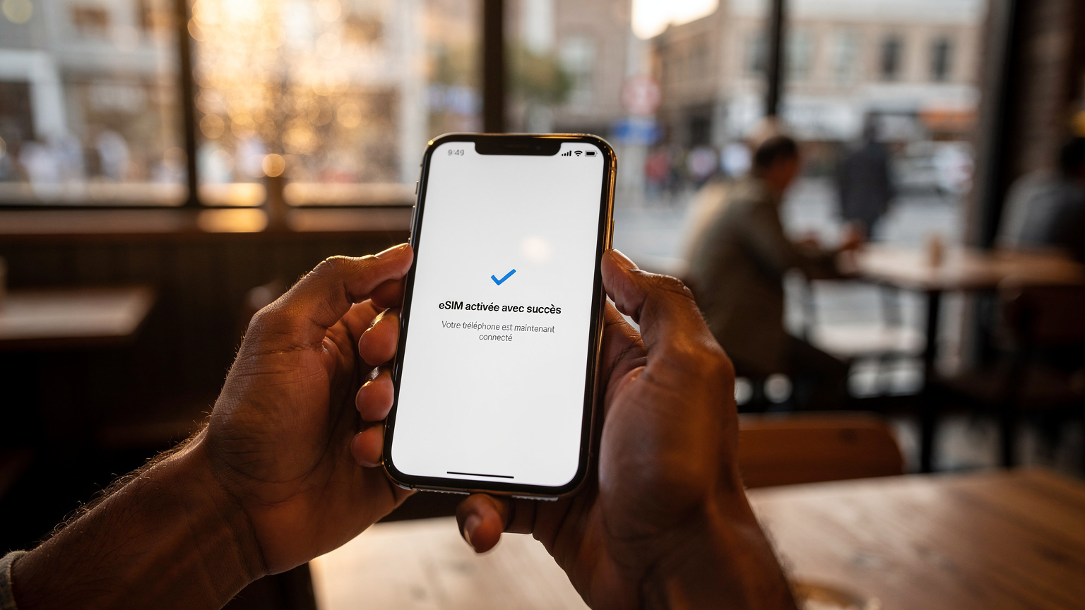 Des mains de voyageur tenant un smartphone avec un écran affichant la confirmation d'activation d'une eSIM, dans un café animé du Cap, avec une légère brume matinale filtrant par la fenêtre.