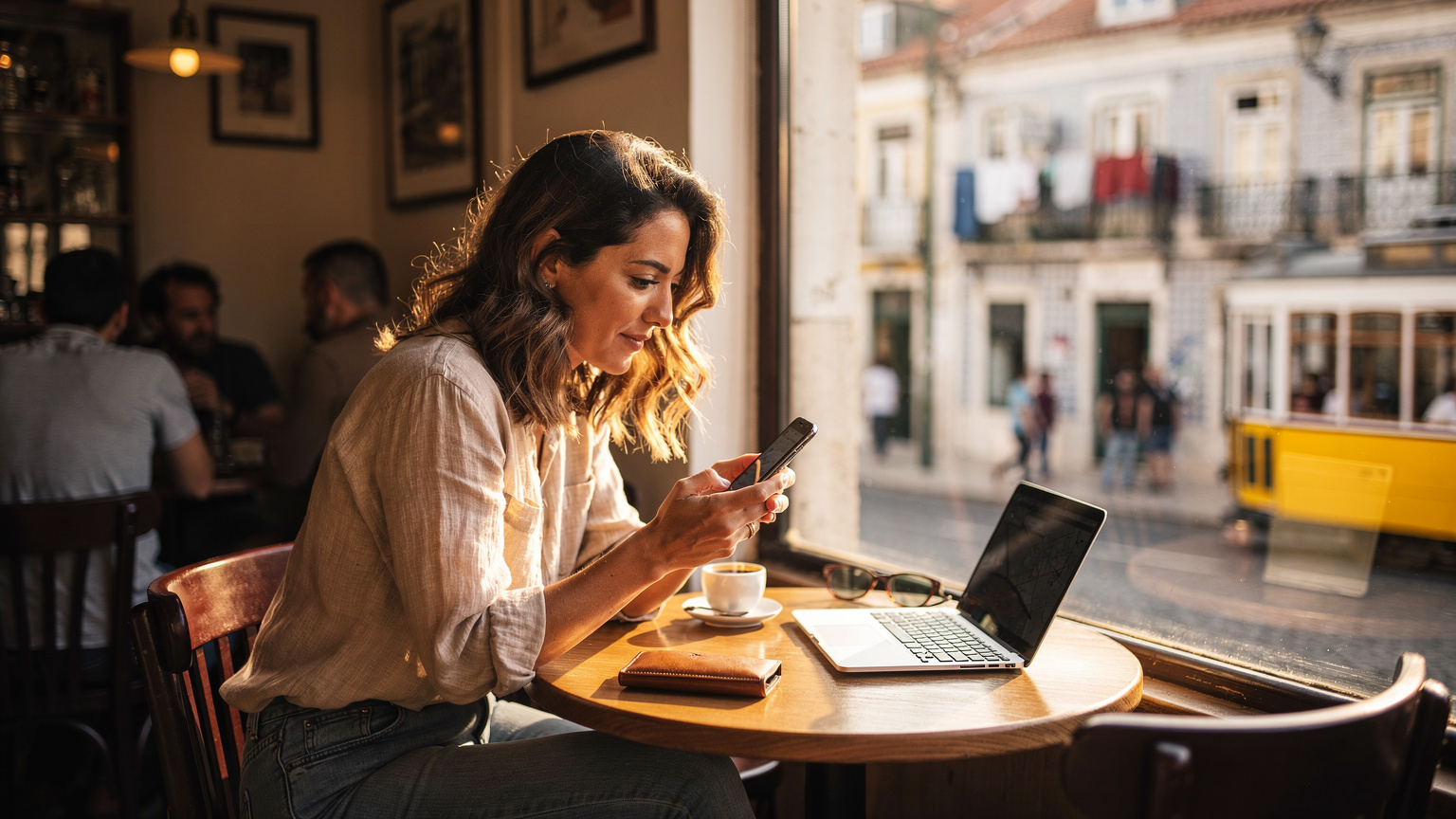 Uma mulher com um smartphone na mão, usando seu eSIM para navegar em um mapa digital enquanto está sentada em um café movimentado em Lisboa, Portugal, com a cidade vibrante ao fundo.