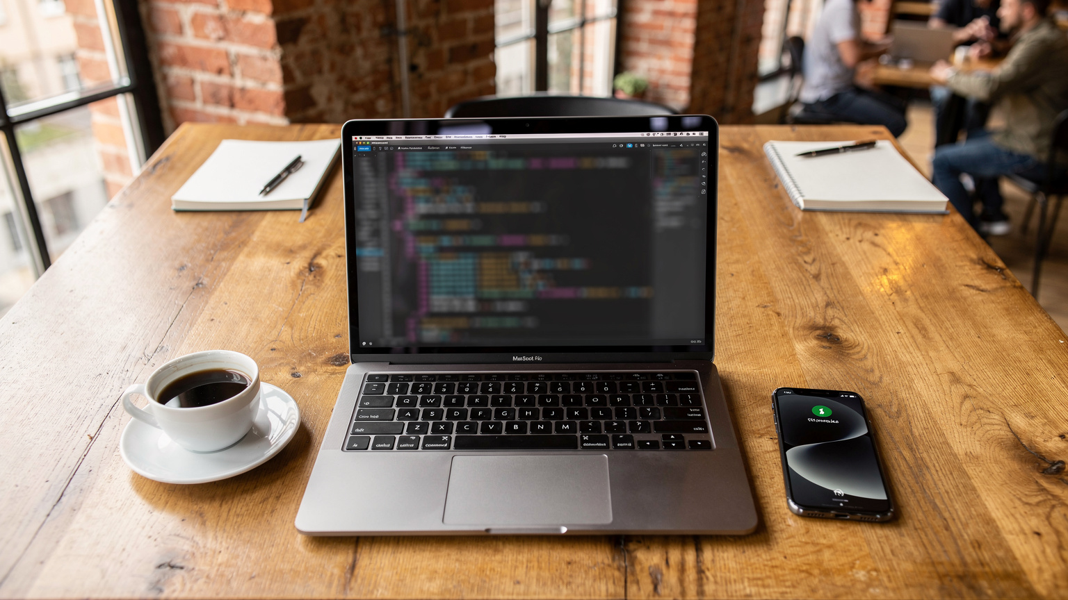 Uma mesa de café em um co-working vibrante na Europa, com um laptop aberto, um telefone com um eSIM ativo, e uma xícara de café, simbolizando a produtividade e a conectividade do nômade digital.