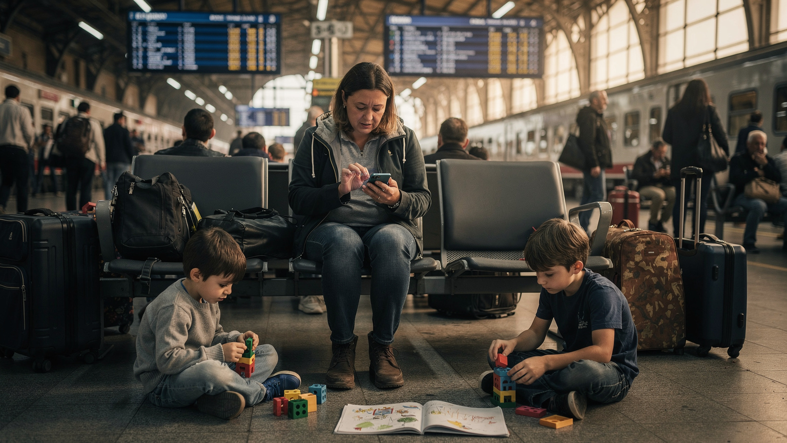 Una famiglia di nomadi digitali, con i bambini che giocano, si ritrova in una situazione inaspettata (es. treno in ritardo o aeroporto affollato) e il genitore usa l'eSIM per gestire la situazione, suggerendo una soluzione di connettività in un momento di potenziale stress.