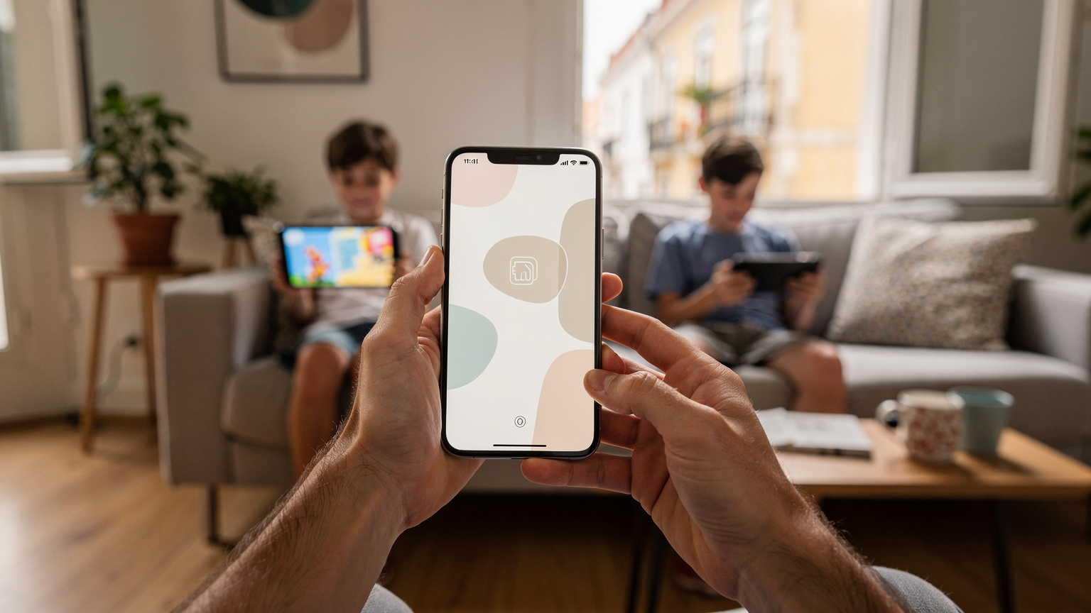 Un genitore nomade digitale controlla un piano eSIM dal suo smartphone, mentre in sottofondo i figli giocano con tablet e console, evidenziando la necessità di gestire la connettività per tutta la famiglia.
