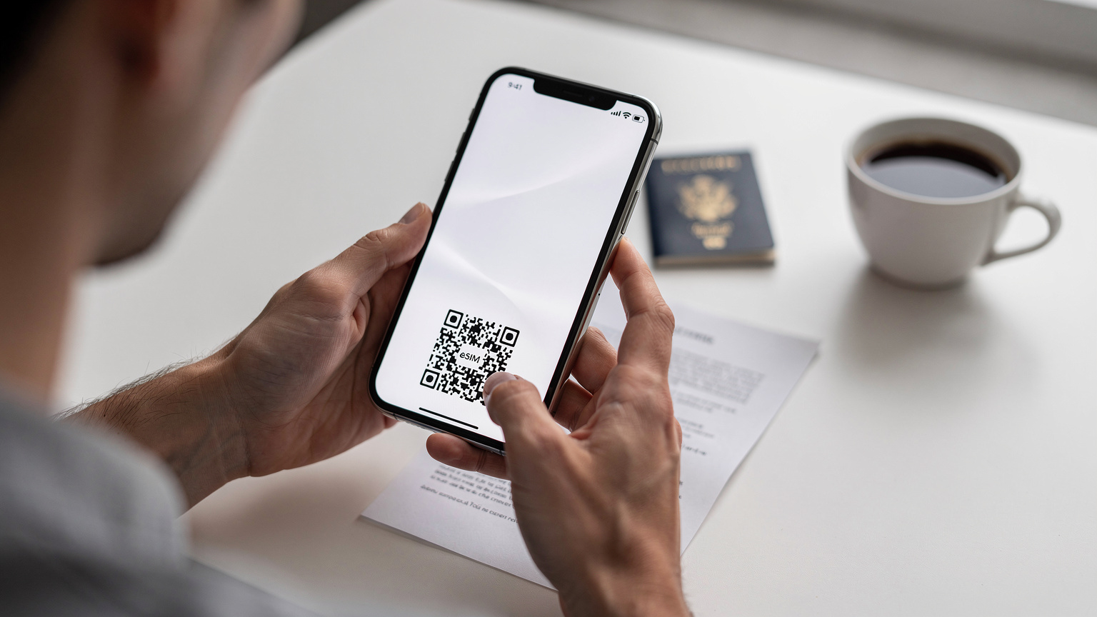 Primo piano sulle mani di un genitore che scansiona un codice QR per attivare un'eSIM sul suo iPhone, simboleggiando la semplicità del processo di attivazione rapida per i viaggiatori.