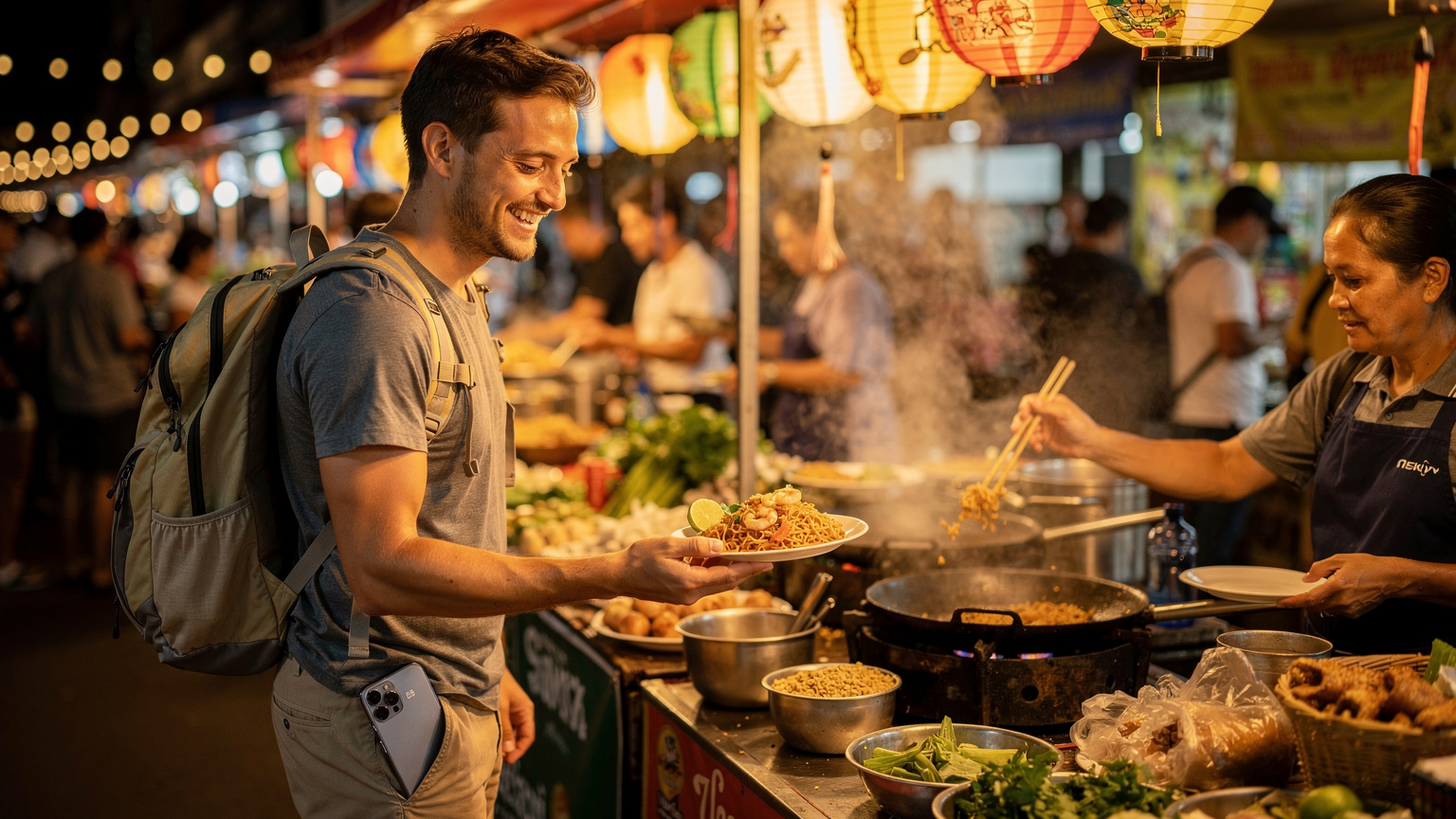 Um viajante em um mercado de rua movimentado em Chiang Mai, Tailândia, com um sorriso enquanto interage com um vendedor de comida local, seu telefone com o eSIM ativo no bolso, mostrando como a conectividade permite experiências autênticas e sem preocupações.