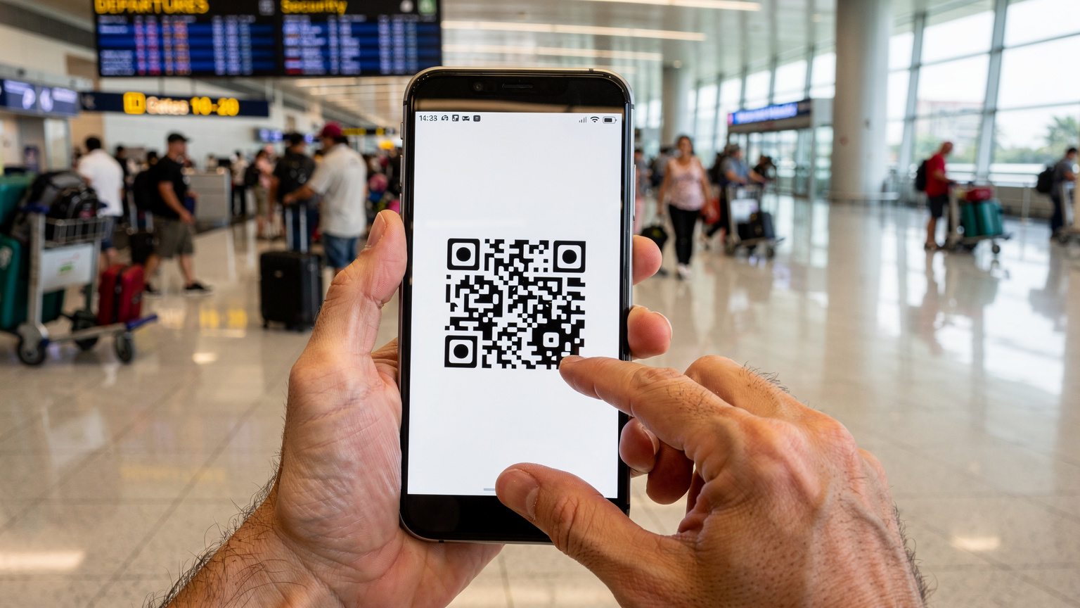 Mãos de um viajante ativando um eSIM em seu smartphone, com a tela mostrando o QR code de instalação, em um ambiente de aeroporto asiático movimentado, com malas e letreiros de partida ao fundo.