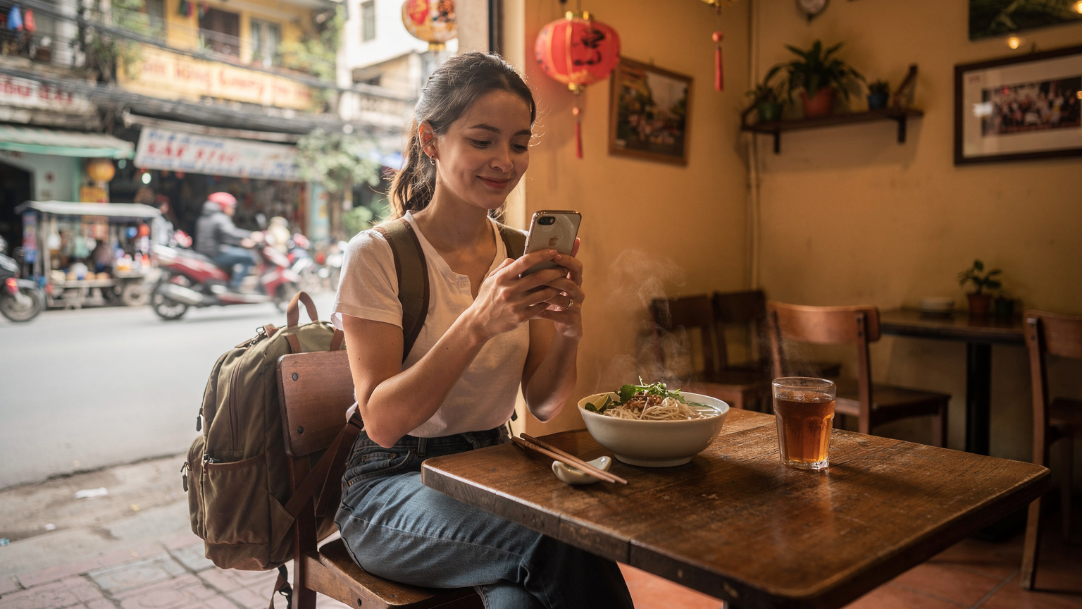 Uma viajante verificando seu eSIM em um café movimentado em Hanói, Vietnã, com uma tigela de Pho na mesa, simbolizando a conveniência de se manter conectado enquanto saboreia a culinária local.