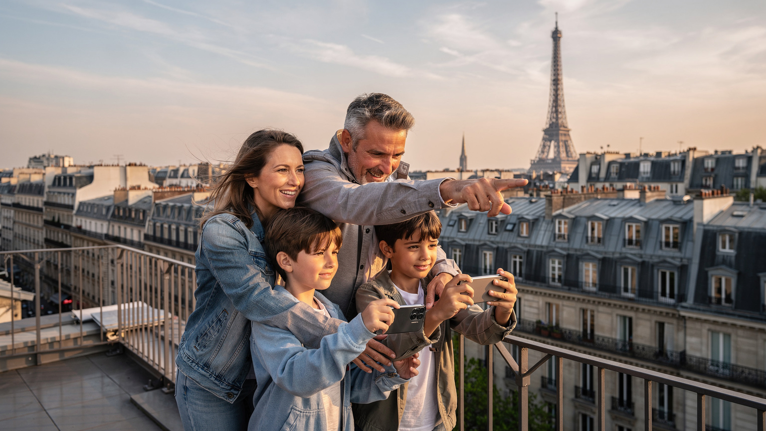 Une famille en voyage profitant d'une vue panoramique sur les toits de Paris, les parents aidant leurs enfants à prendre des photos avec un smartphone, au lever du soleil.