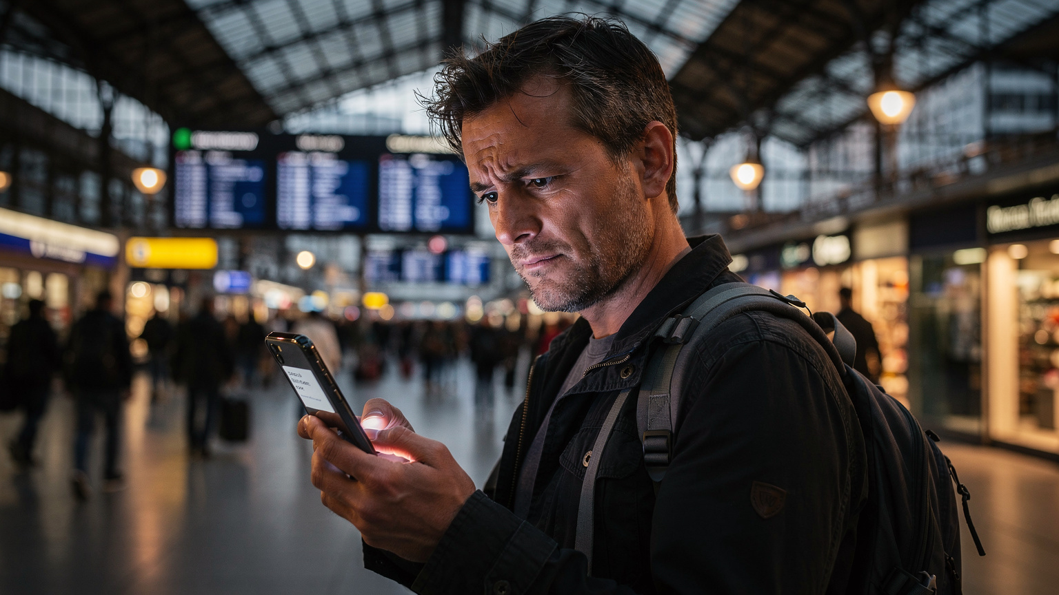 Un voyageur soucieux, un smartphone à la main, fronce les sourcils en regardant un écran affichant un message d'erreur, assis sur un banc dans une gare ferroviaire européenne bondée, ambiance de fin de journée.