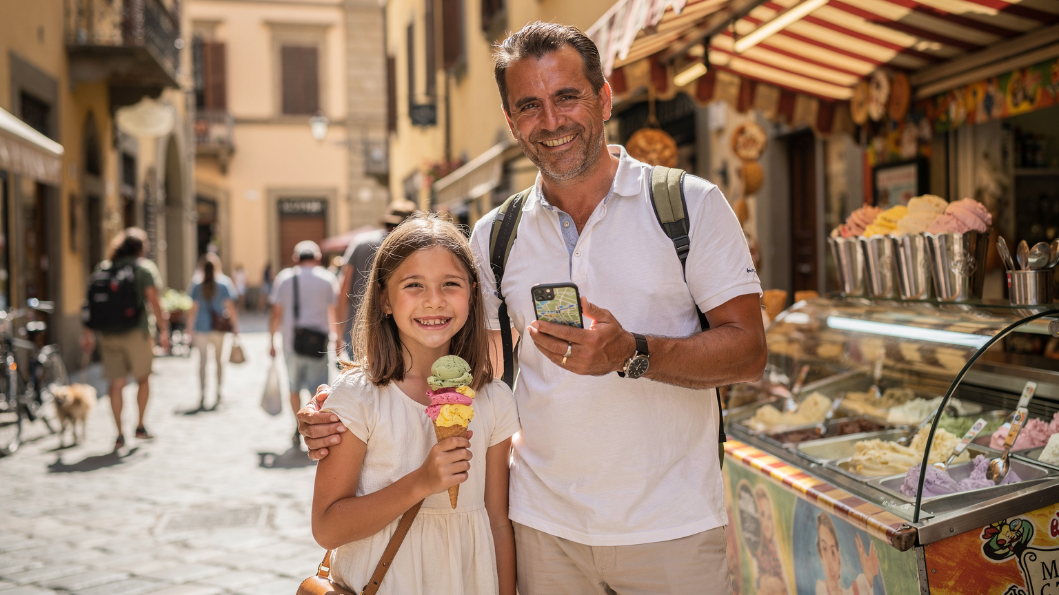Un père et sa fille sourient devant un stand de glaces artisanales à Florence, le père tenant un smartphone affichant une carte et le sourire de la fille captivant l'attention.