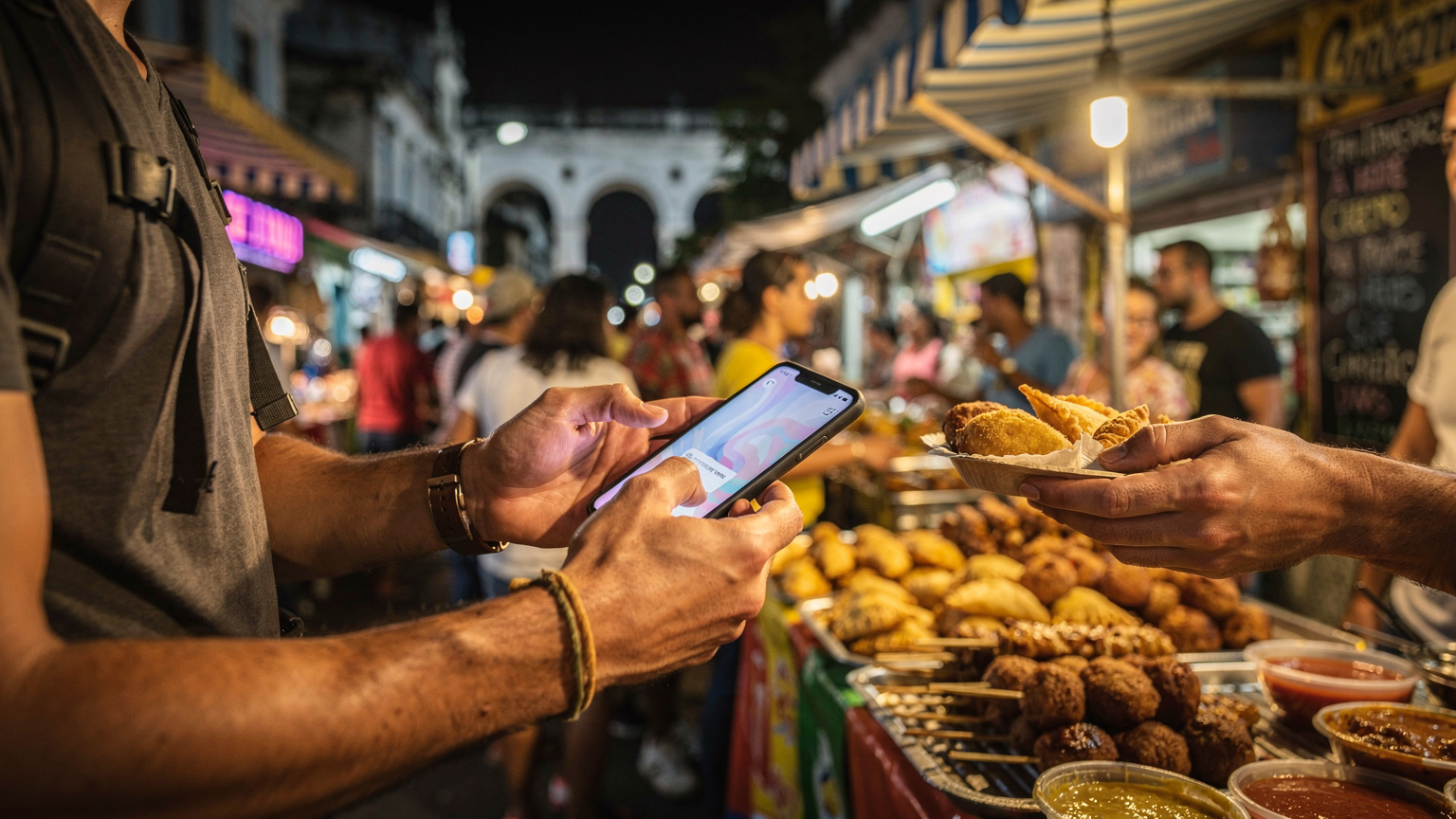 Unas manos de un mochilero interactúan con un vendedor de comida callejera en un mercado nocturno de Río de Janeiro, usando una aplicación de pago o un traductor en su smartphone, con coloridos puestos y comida local al fondo.