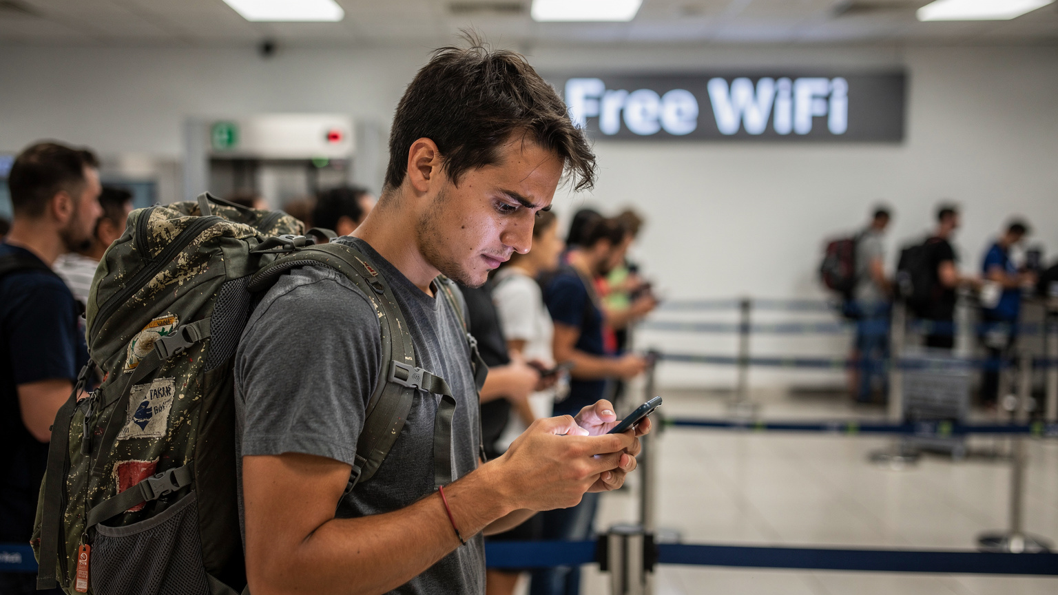 Un viajero joven y visiblemente frustrado, con una mochila grande, mira su teléfono con preocupación mientras espera en una larga cola de seguridad en el Aeropuerto Internacional de Guarulhos en São Paulo, con un cartel de 'WiFi gratis' apenas visible y con poca señal al fondo.