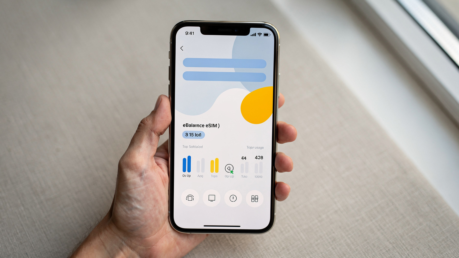 Un primo piano di una mano che tiene uno smartphone, mostrando l'interfaccia di un'app eSIM con un saldo dati, opzioni di ricarica e un riepilogo dell'utilizzo in evidenza.