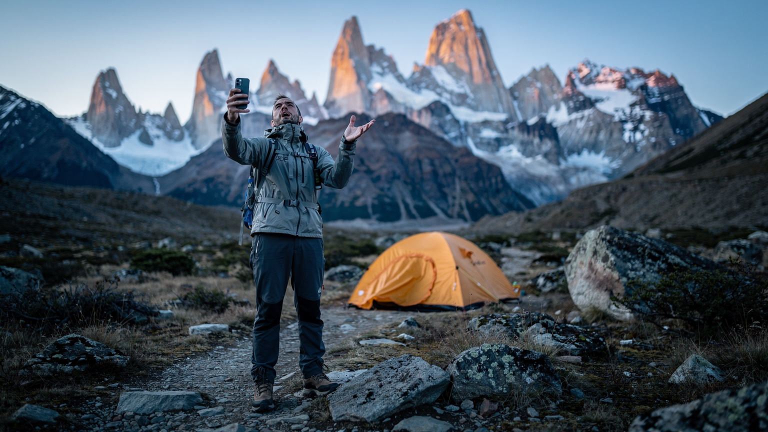 Un escursionista solitario, in abbigliamento tecnico, cerca disperatamente segnale sul suo telefono, con uno sfondo di maestose montagne granitiche e una tenda da campeggio montata al crepuscolo in Patagonia.
