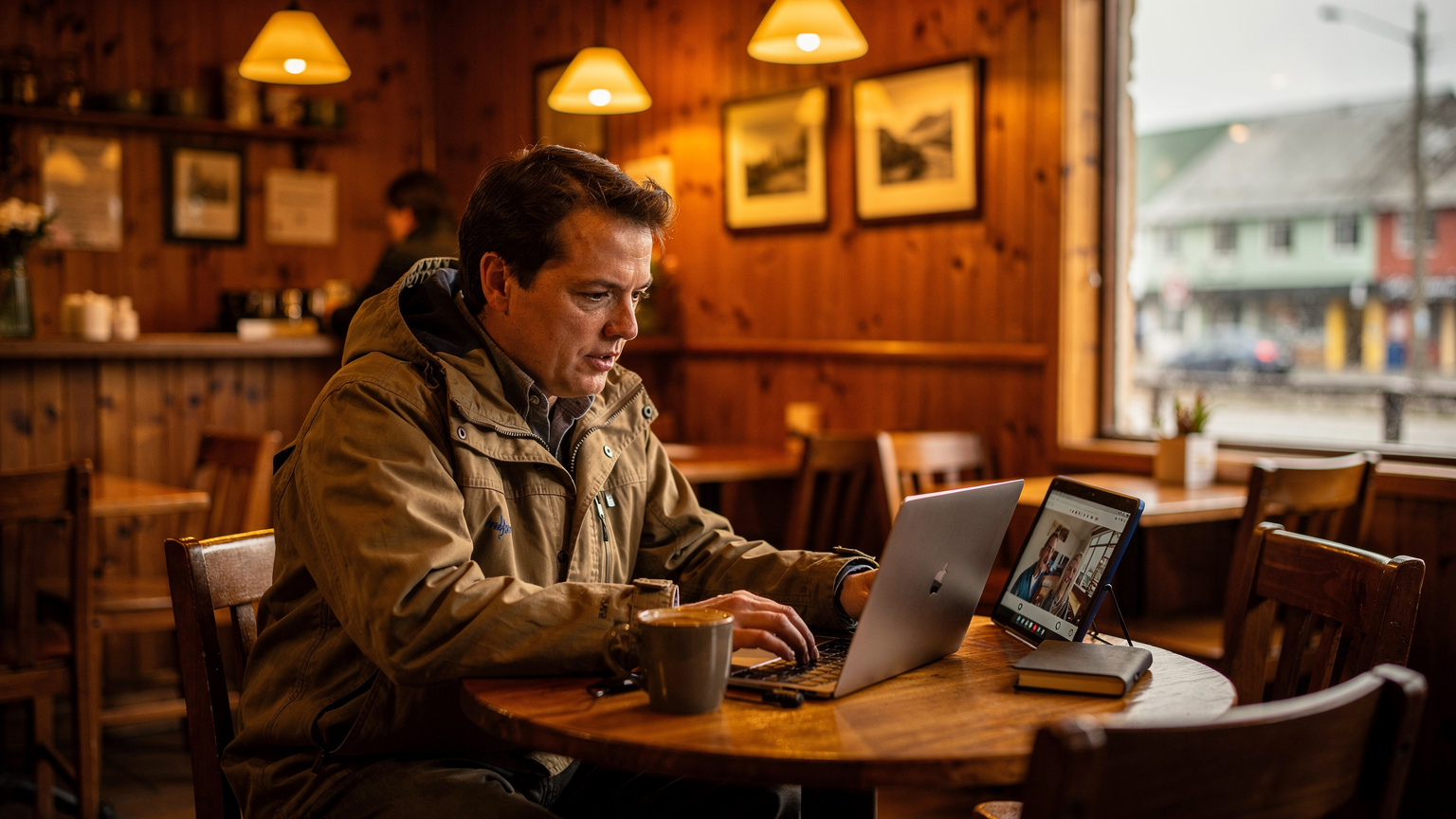 Un viaggiatore in un piccolo caffè rustico di Ushuaia, sta usando il Wi-Fi pubblico sul suo laptop e smartphone per fare una videochiamata con un'espressione di concentrazione.