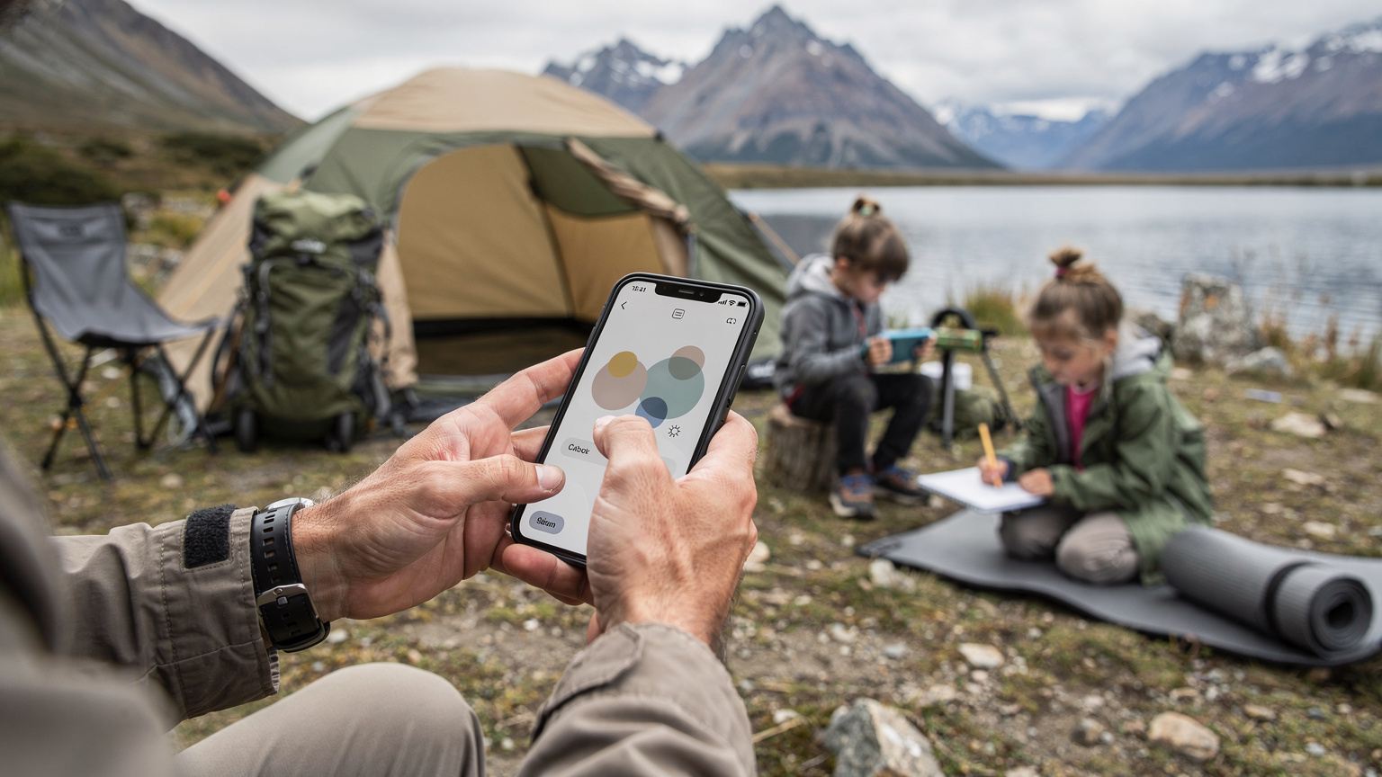 Une main d'adulte configure un smartphone, affichant un menu de paramètres eSIM, tandis que des enfants jouent en arrière-plan dans une zone de camping en Patagonie, symbolisant la gestion des appareils en voyage.