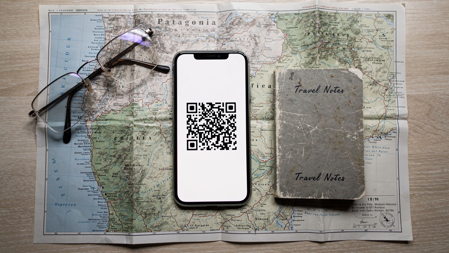Un smartphone affichant l'écran de configuration eSIM avec un QR code à scanner, posé sur une carte détaillée de la Patagonie, symbolisant la facilité d'activation avant le départ.