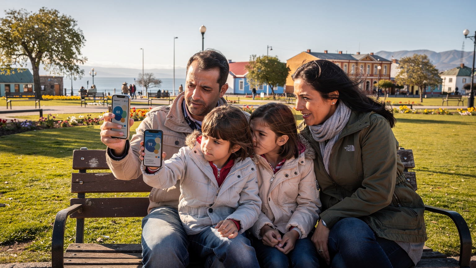 Une famille est assise sur un banc dans un parc à Punta Arenas, Chili. Le père montre son smartphone avec l'application de suivi de consommation eSIM aux enfants, leur expliquant l'importance de gérer la data.