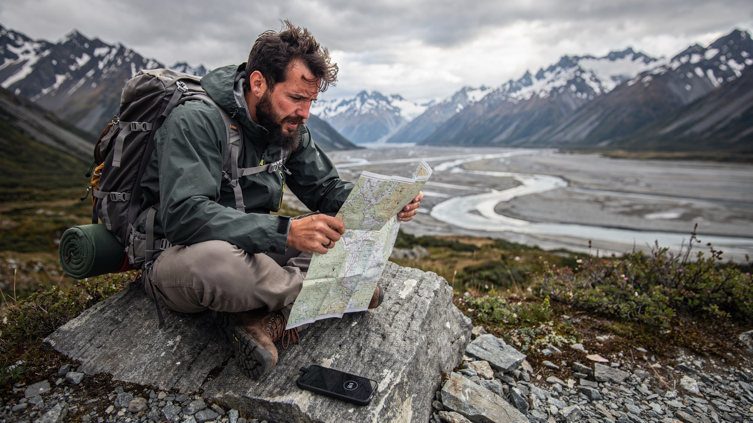 Ein Wanderer studiert eine topografische Karte in einem abgelegenen Tal der Southern Alps, während sein Smartphone daneben liegt und einen 'Kein Signal'-Bildschirm anzeigt.