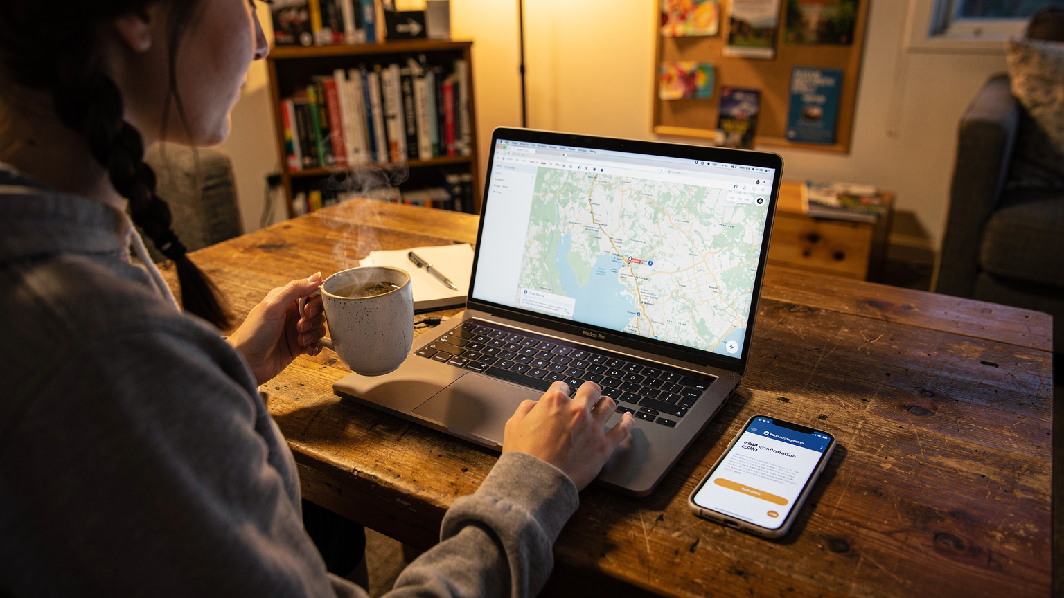 Ein Backpacker sitzt abends in einem gemütlichen Hostel-Gemeinschaftsraum in Nelson, trinkt einen Kräutertee und plant die nächste Route auf seinem Laptop, während sein Smartphone mit einer eSIM-Bestätigungsmail daneben liegt.
