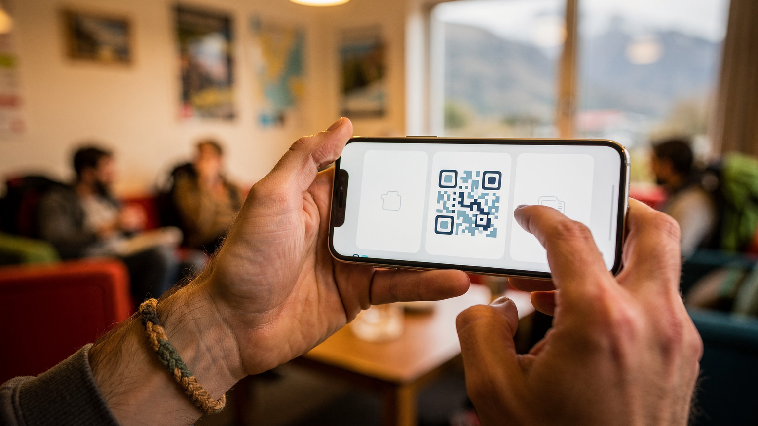 Nahaufnahme von Händen, die ein Smartphone halten, auf dem der eSIM-Installationsbildschirm zu sehen ist, im Hintergrund verschwommen ein Hostel-Gemeinschaftsraum in Queenstown.