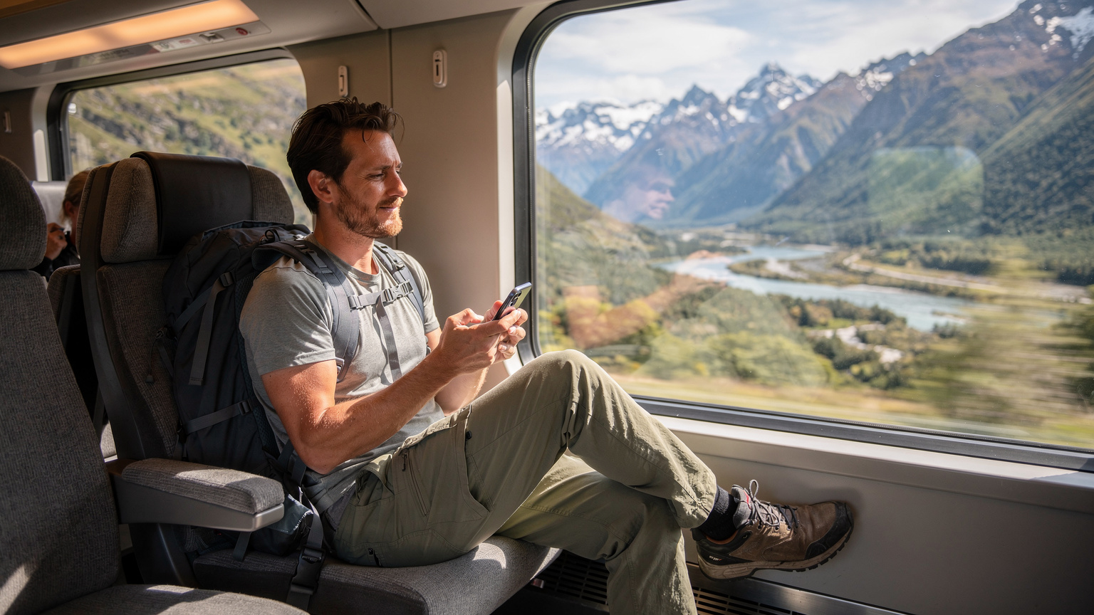 Ein Backpacker sitzt in einem Zug der TranzAlpine-Strecke, der durch eine neuseeländische Landschaft fährt, und tippt auf seinem Smartphone, während er die atemberaubende Aussicht genießt.
