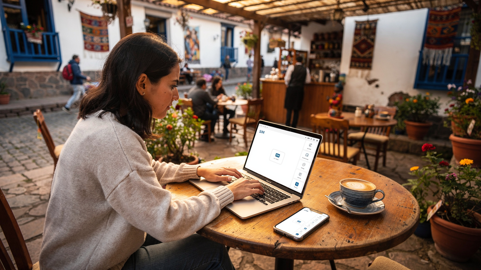 En ung kvinde sidder på en travl café i Cusco, hvor hun arbejder på sin bærbare computer, mens hendes telefon med en eSIM-app er synligt ved siden af hendes kaffe.