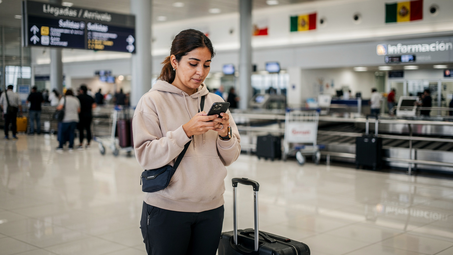 En kvinde ankommer til Limas Jorge Chávez Internationale Lufthavn og aktiverer sit eSIM på sin telefon, inden hun forlader terminalen.
