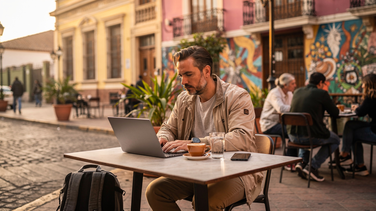 En digital nomade sidder ved et udendørs bord på en café i Barranco, Lima, med sin bærbare computer og en telefon, der viser et godt signal.
