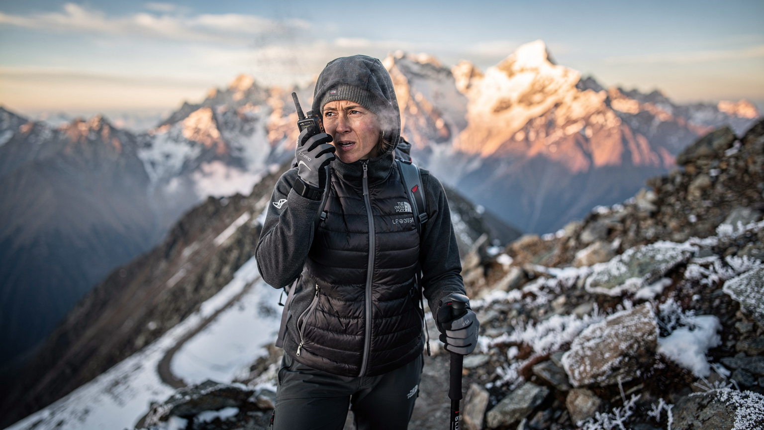 En kvinnlig vandrare använder en satellittelefon med en dramatisk bakgrund av Himalaya-berg vid soluppgången, symboliserande nödsamtal i avlägsna områden.