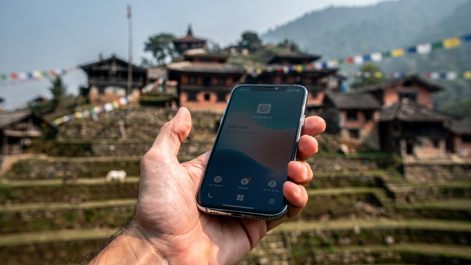 Närbild på en resenärs hand som håller en smartphone och visar en eSIM-profil på skärmen, med en traditionell nepalesisk by i bakgrunden.