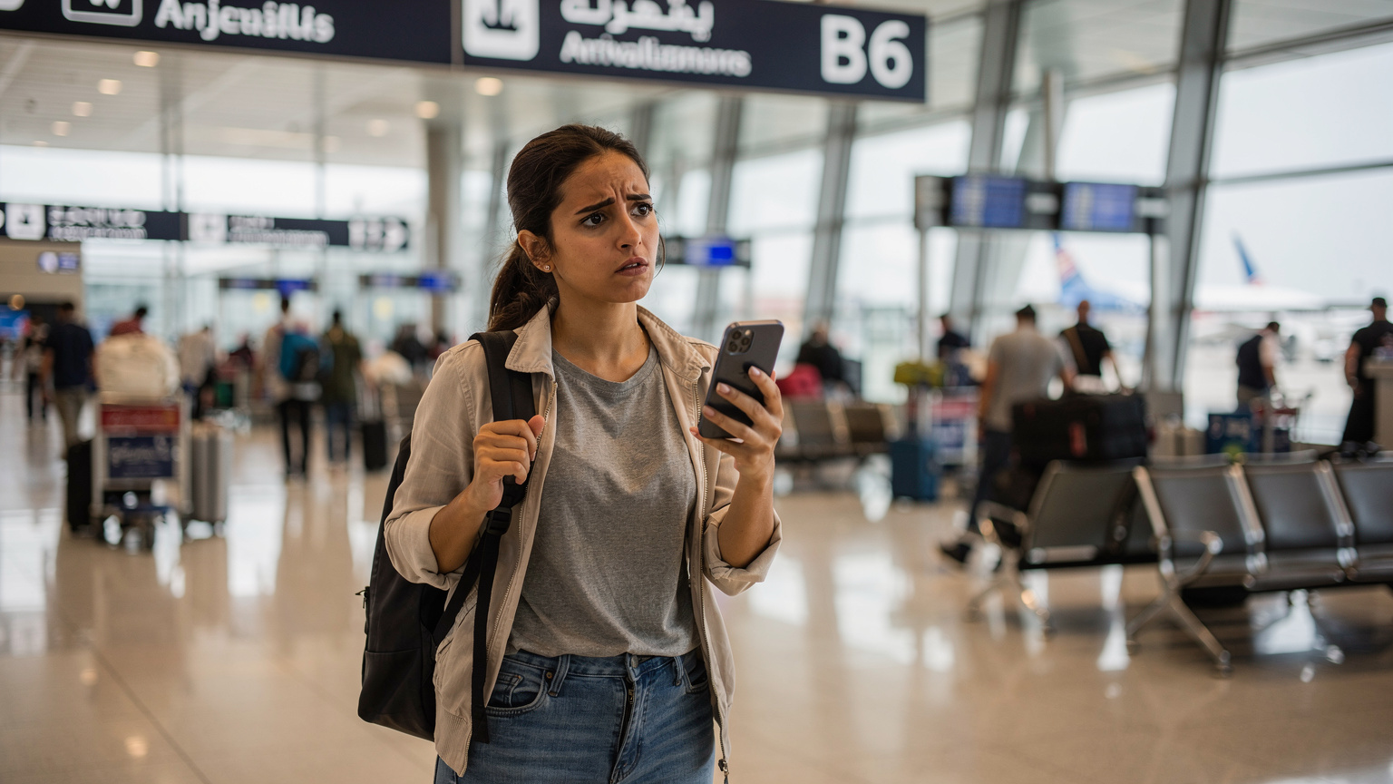 Una viaggiatrice con uno sguardo preoccupato controlla il suo smartphone all'interno dell'Aeroporto Internazionale del Cairo, forse a causa di problemi di connessione o di informazioni di volo.