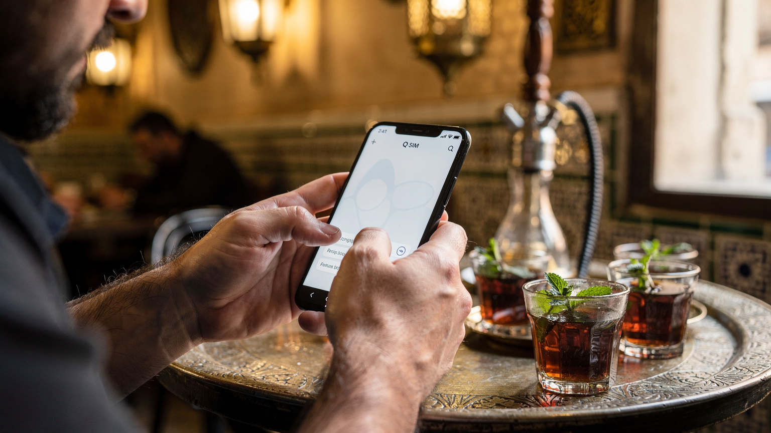 Mani di un viaggiatore che configurano una eSIM su uno smartphone in un caffè tradizionale al Cairo, con bicchieri di tè e un narghilè in sottofondo.