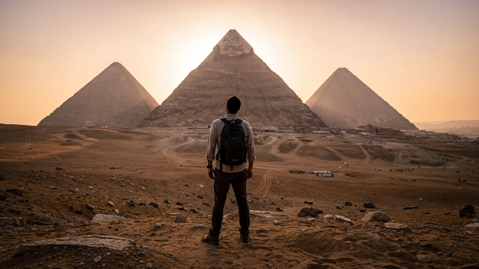 Un viaggiatore osserva le Piramidi di Giza al tramonto, immerso nella luce calda che evidenzia la maestosità delle strutture.