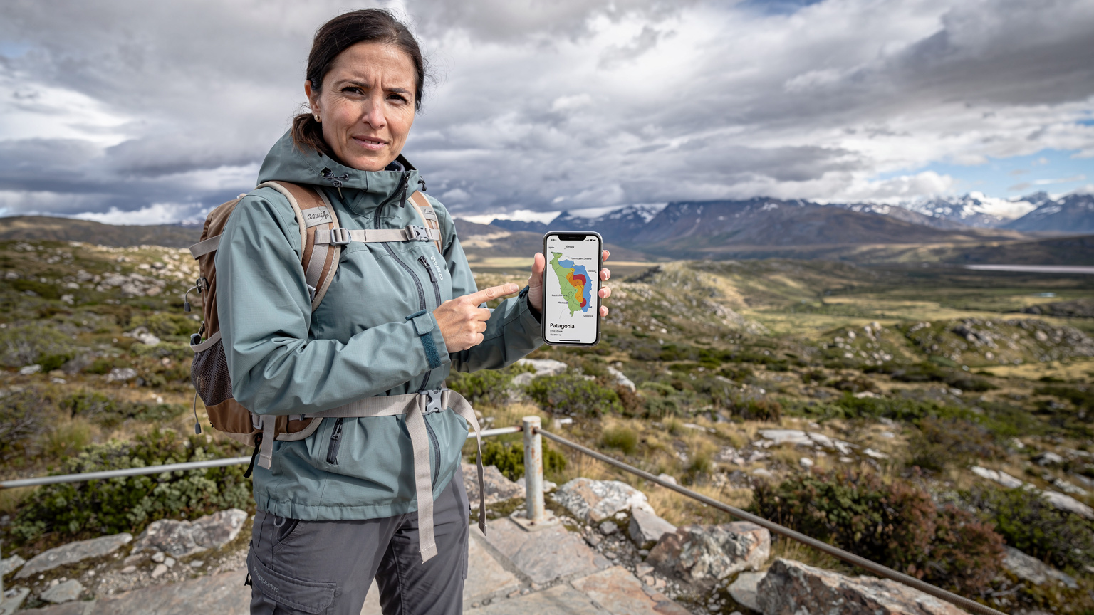 En kvinde holder en smartphone frem, hvorpå et dækningskort over Patagonien er synligt, mens hun står foran et stort, åbent landskab med bjerge i det fjerne.