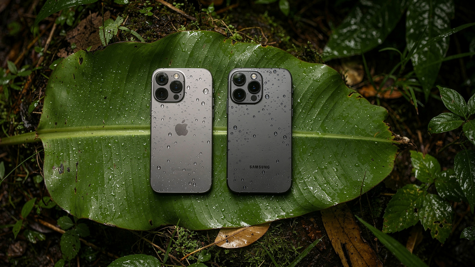 Un iPhone 15 Pro et un Samsung Galaxy S24 Ultra posés côte à côte sur une feuille de bananier, prêts pour les tests de connectivité dans la jungle de Chiang Mai.