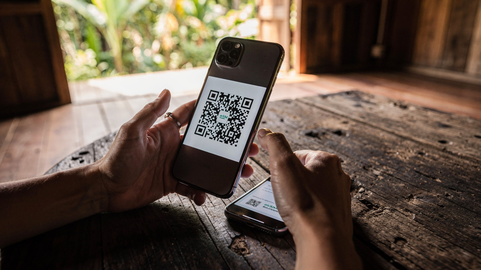 Une main humaine scannant un QR code d'activation d'eSIM sur un smartphone, posé sur une table en bois rustique dans une cabane de la jungle thaïlandaise.