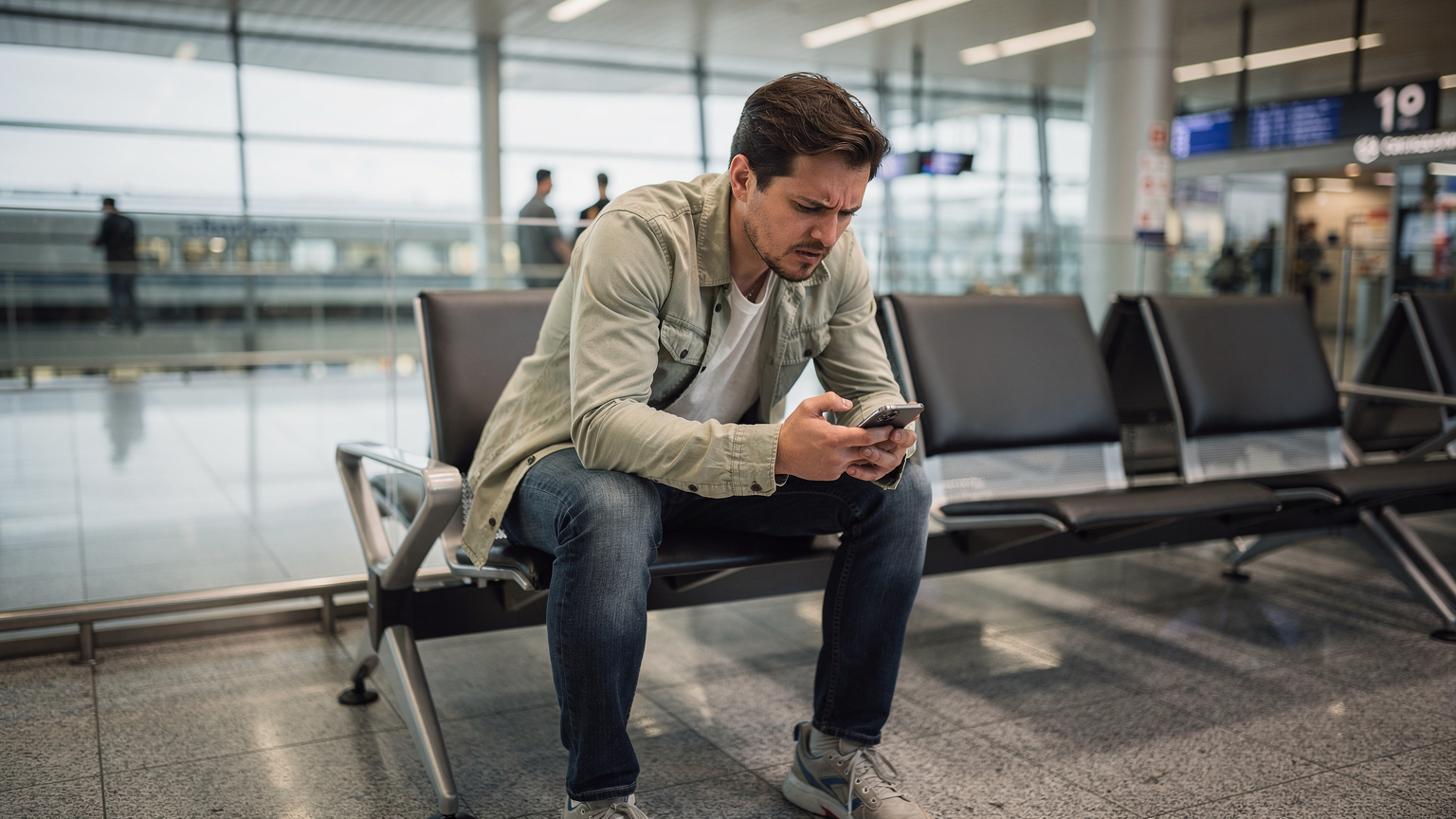 Eine Person am Flughafen Zürich wartet ungeduldig und versucht, ihr Telefon zu bedienen, mit einem besorgten Gesichtsausdruck, der auf Konnektivitätsprobleme hinweist.