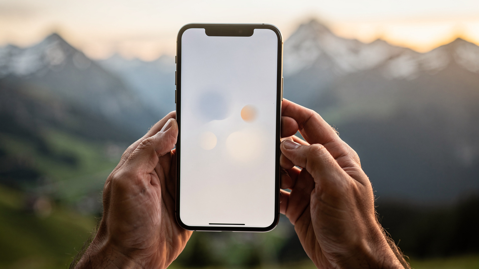 Nahaufnahme von Händen, die ein Smartphone halten, auf dessen Bildschirm eine eSIM-App geöffnet ist, um einen Datentarif auszuwählen. Der Hintergrund ist leicht unscharf und zeigt eine Berglandschaft.